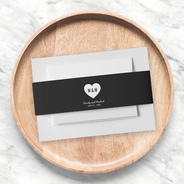 Black & White Monogram Heart Wedding Invitation Belly Band (Creator Uploaded)