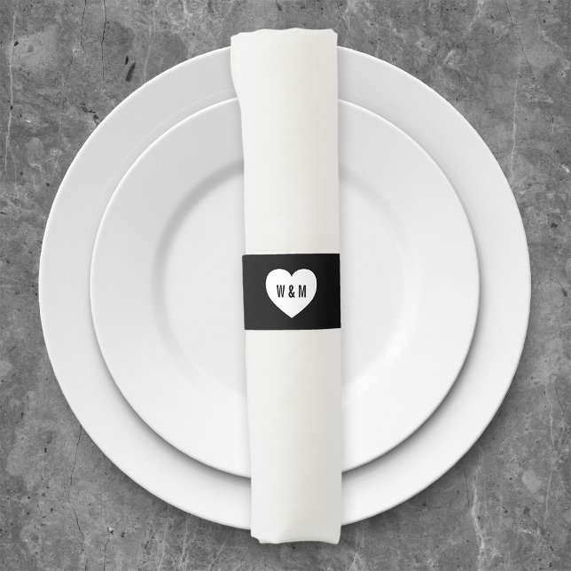 Black & White Monogram Heart Wedding Napkin Bands (Creator Uploaded)
