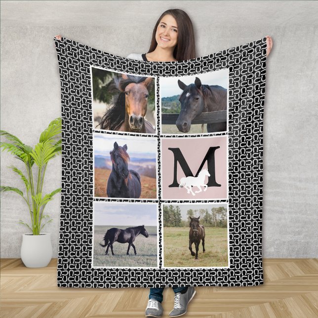 Black White Monogram Horse Photo  Fleece Blanket (Creator Uploaded)