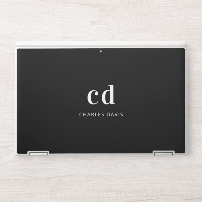 Black white monogram initails name minimalist HP laptop skin (Front)