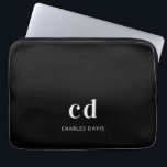 Black white monogram initails name minimalist laptop sleeve<br><div class="desc">A classic chic black background. Personalize and add your monogram initials written with white block letters and your name in white. Modern,  trendy and simple.</div>