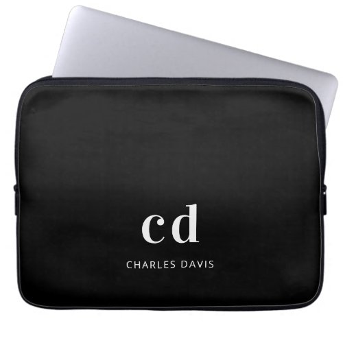 Black white monogram initails name minimalist laptop sleeve