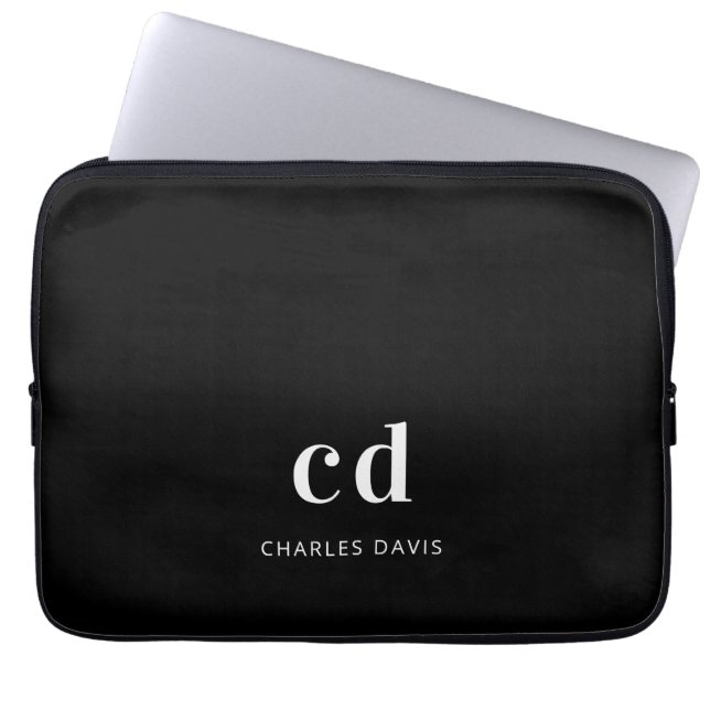 Black white monogram initails name minimalist laptop sleeve (Front)