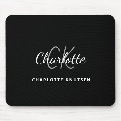 Black white monogram initails name minimalist mouse pad