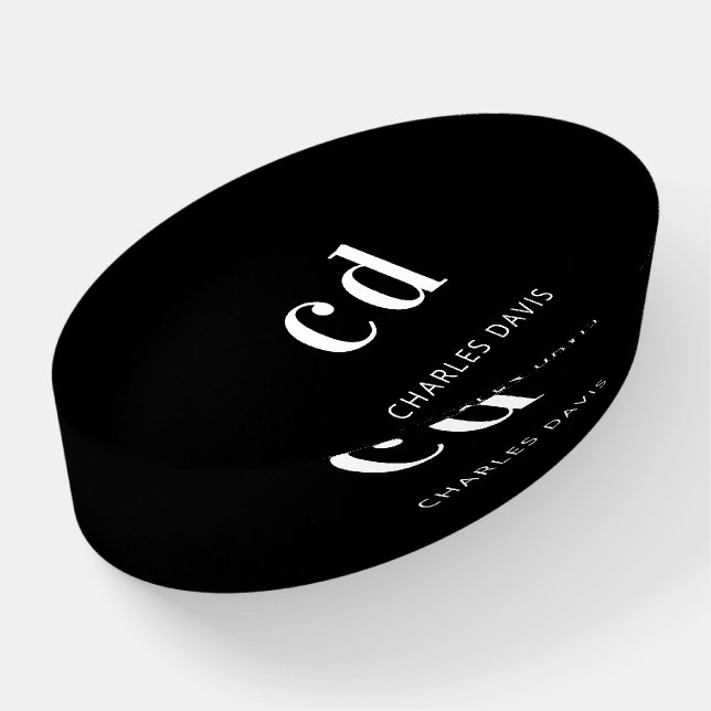 Black white monogram initails name minimalist  paperweight (Angled)