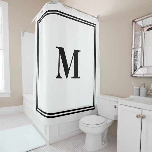 Black White Monogram Initial Custom Name Striped Shower Curtain