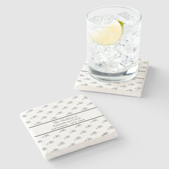 Black white monogram initial wedding Save the Date Stone Coaster (Side)