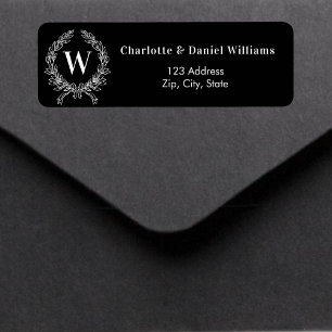 Black white monogram initial wreath return address label