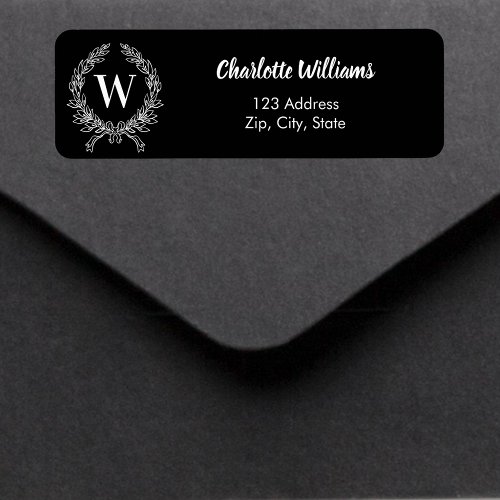 Black white monogram initial wreath return address label