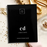 Black white monogram initials business logo 2024 planner<br><div class="desc">Black background and white text. Personalize and add your logo,  monogram initials,  name and a title year. Your logo both on the front and the back.  Space for your website address on the  back.</div>