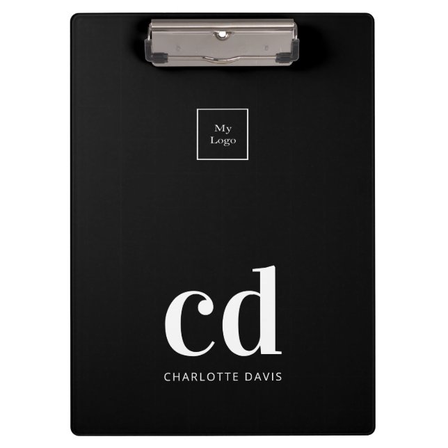 Black white monogram initials business logo clipboard (Front)