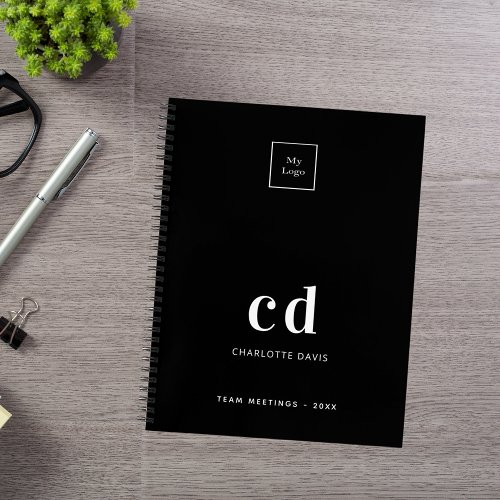 Black white monogram initials business logo notebook