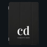 Black white monogram initials elegant modern iPad pro cover<br><div class="desc">Black background,  and white text. Personalize and add your monogram initials and a name.  For both him and her. Minimalist and modern!</div>