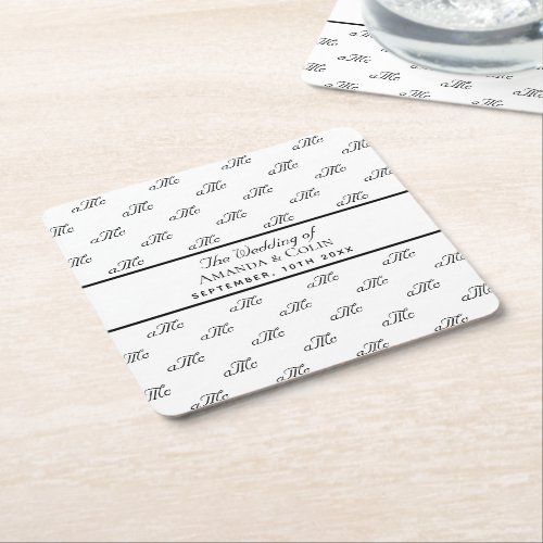 Black white monogram initials elegant wedding square paper coaster