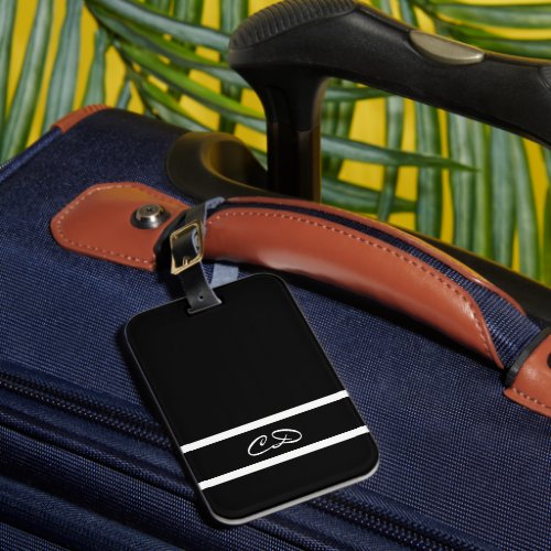 Black white monogram initials luggage tag