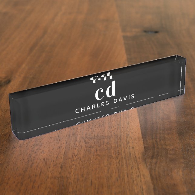 Black white monogram initials minimalist desk name plate (Side)