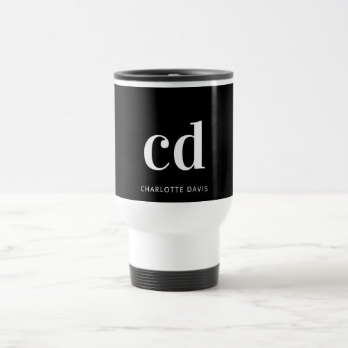 Black white monogram initials minimalist travel mug