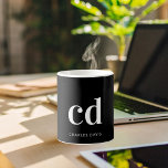 Black white monogram initials modern men coffee mug<br><div class="desc">A classic chic black background.  Personalize and add your monogram initials and your name written with block letters in white.  Modern,  trendy and simple.</div>