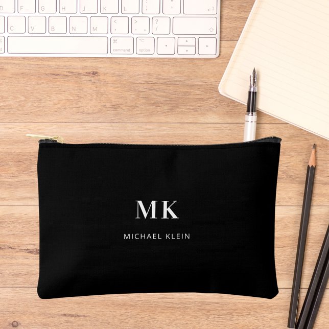 Black white monogram initials name accessory pouch (Creator Uploaded)