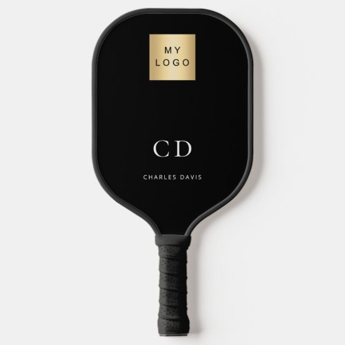 Black white monogram initials name business logo pickleball paddle