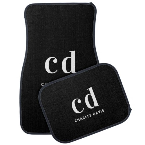 Black white monogram initials name  car floor mat