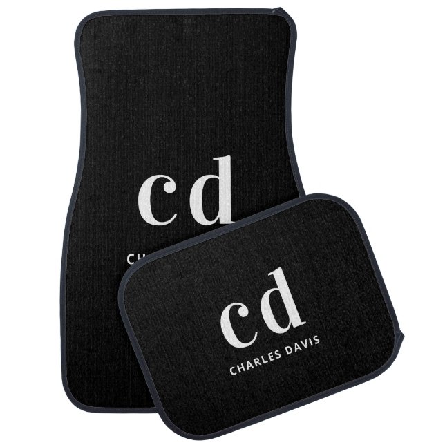 Black white monogram initials name  car floor mat (Set)