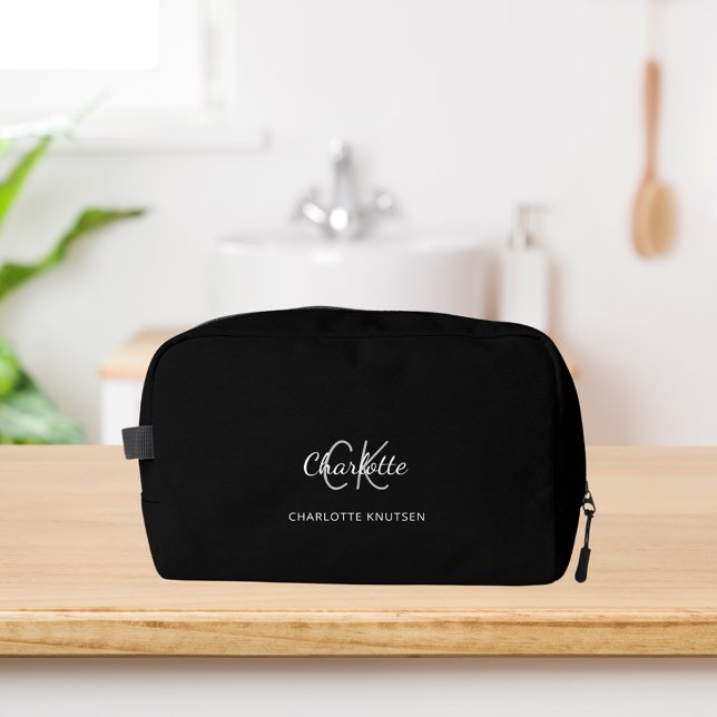 Black white monogram initials name dopp kit (Creator Uploaded)
