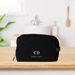 Black white monogram initials name dopp kit