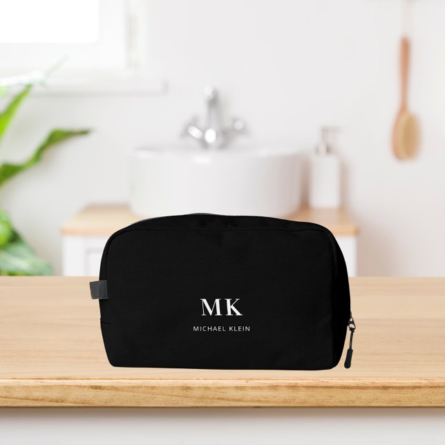 Black white monogram initials name dopp kit (Creator Uploaded)