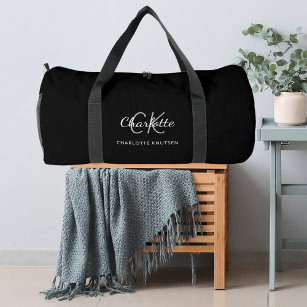 Black white monogram initials name duffle bag