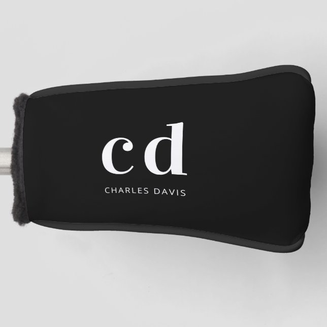 Black white monogram initials name minimalist  golf head cover (Front)