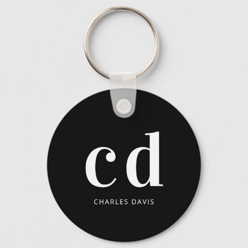 Black white monogram initials name minimalist  keychain