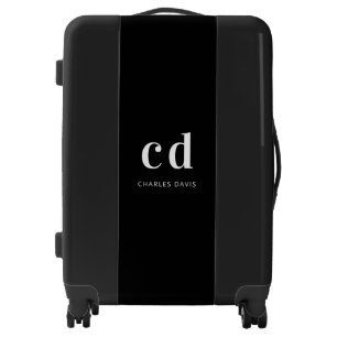 Black white monogram initials name minimalist luggage