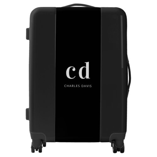 Black white monogram initials name minimalist luggage
