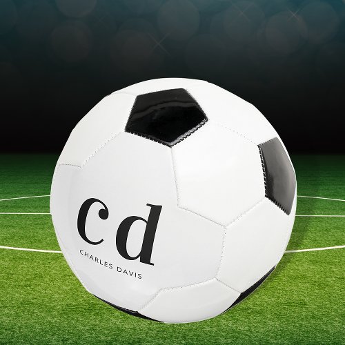 Black white monogram initials name minimalist  soccer ball