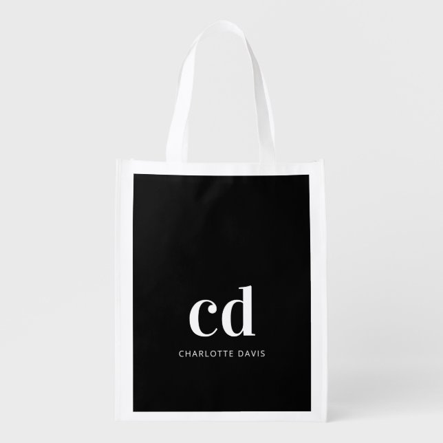 Black white monogram initials name modern  grocery bag (Front)