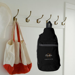 Black white monogram initials name modern sling bag