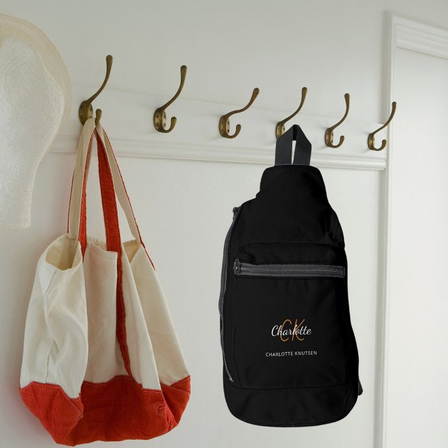 Black white monogram initials name modern sling bag (Creator Uploaded)