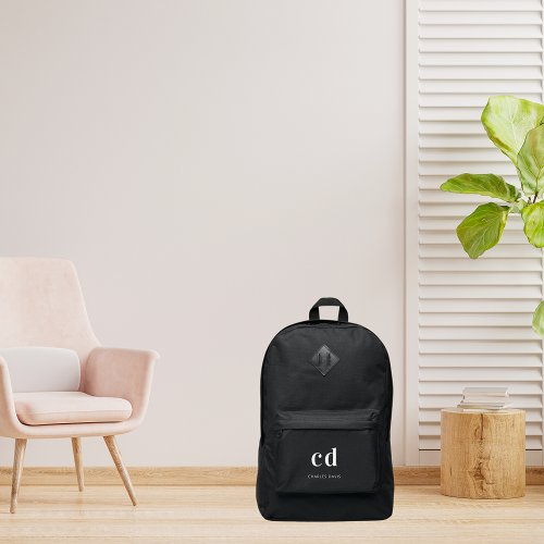 Black white monogram initials name port authority backpack