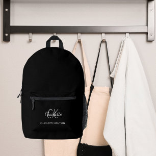 Black white monogram initials name printed backpack