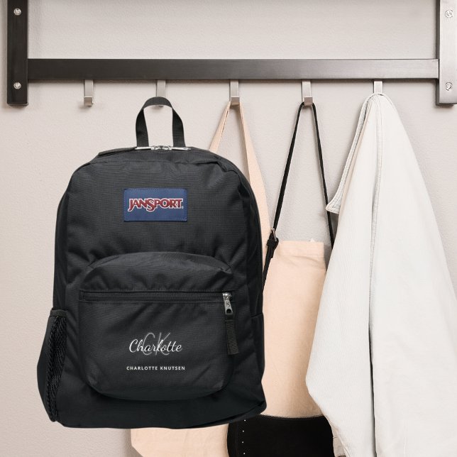 Black white monogram initials name script JanSport backpack (Creator Uploaded)