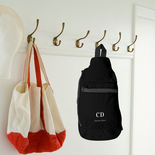 Black white monogram initials name sling bag