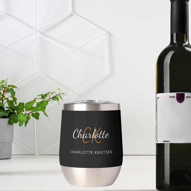 Black white monogram initials name thermal wine tumbler (Creator Uploaded)