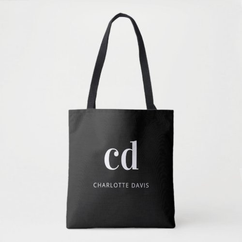 Black white monogram initials name tote bag