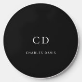 Black white monogram initials name wireless charger  (Front)