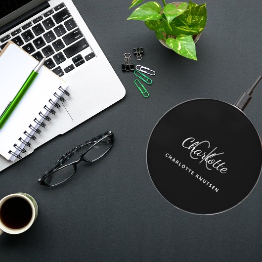 Black white monogram initials name wireless charger