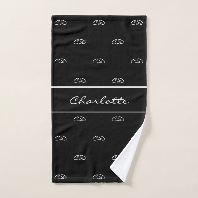 Black white monogram initials pattern name script bath towel set (Hand Towel)