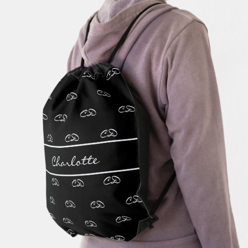 Black white monogram initials pattern name script drawstring bag