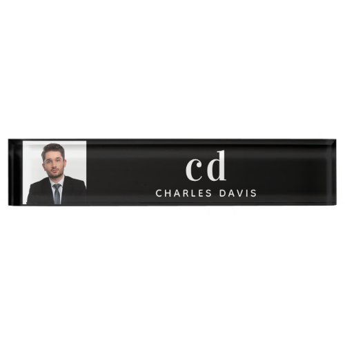 Black white monogram initials photo desk name plate