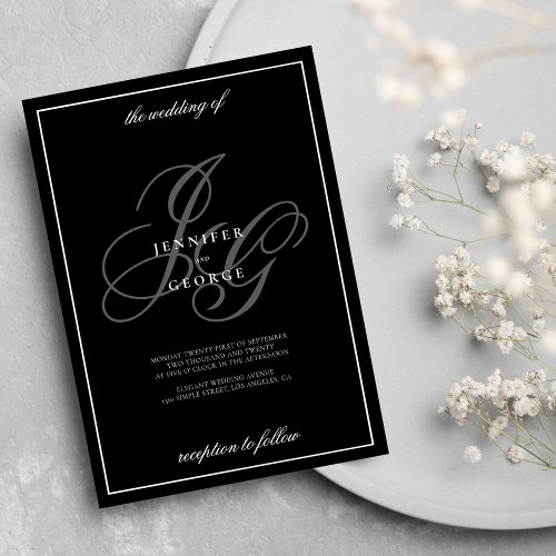 Black white monogram initials romantic wedding invitation